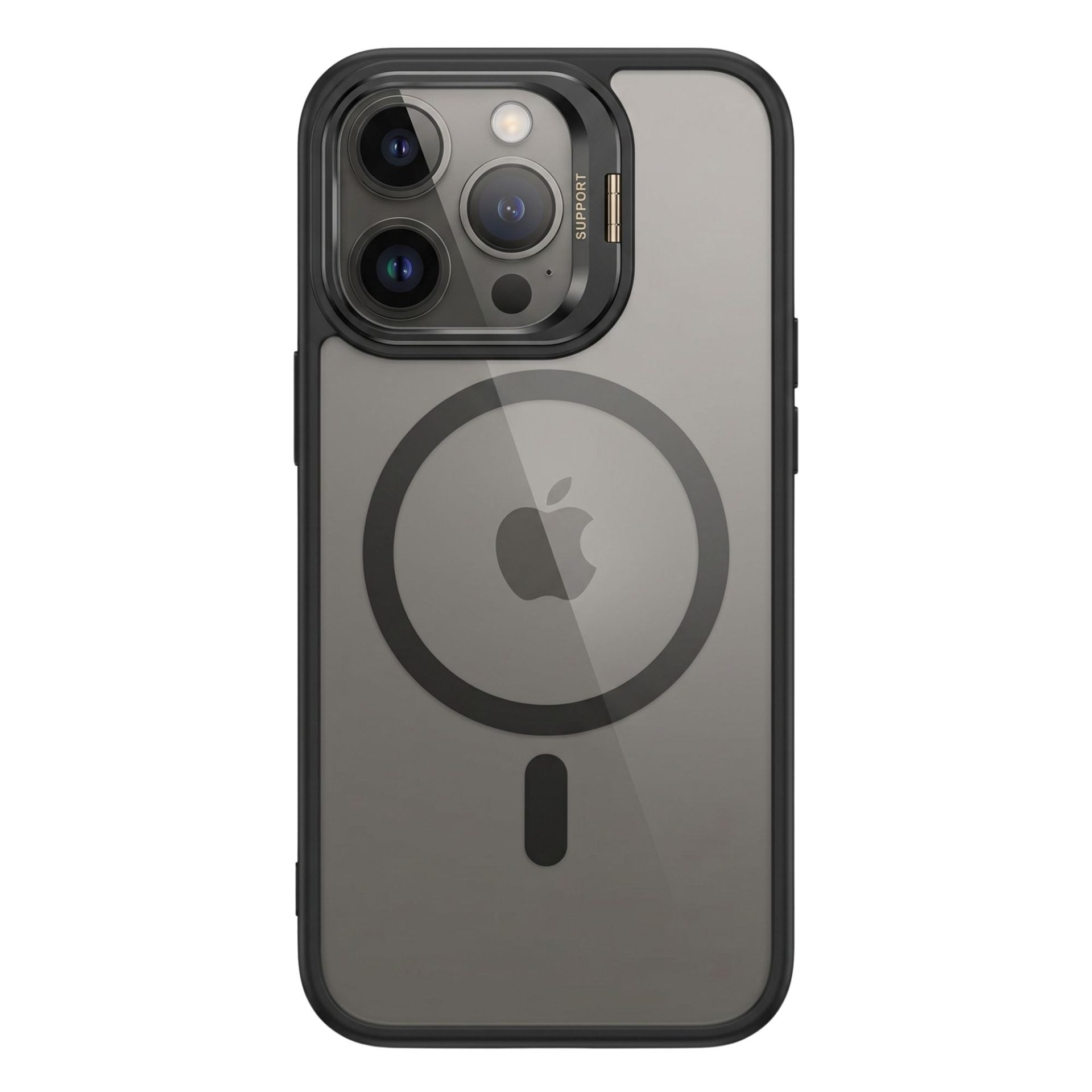 Husa de Protectie Telefon, Klevo, Compatibila cu iPhone 17 Pro , MagSafe, Acrylic, Suport Metalic Protectie Camera, Anti-Soc, Transparent/Negru