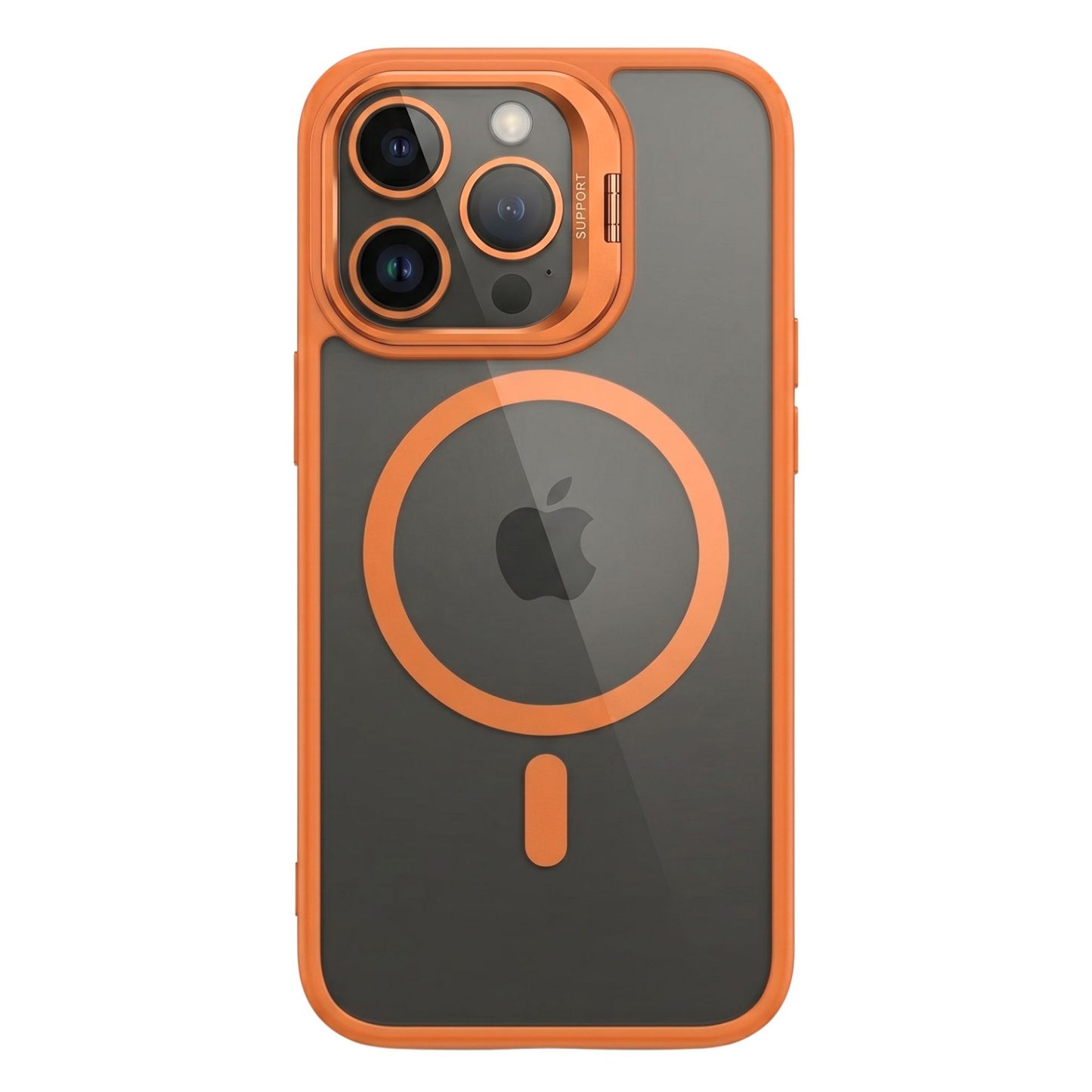 Husa de Protectie Telefon, Klevo, Compatibila cu iPhone 17 Pro, MagSafe, Acrylic, Suport Metalic Protectie Camera, Anti-Soc, Portocaliu
