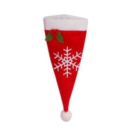 Husa decorativa festiva pentru 3 tacamuri Klevo, model caciulita cu fulg, material textil si poliester, 18 x 7 cm, rosu