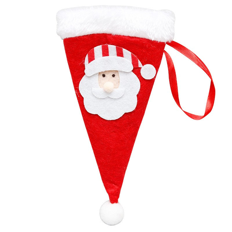 Husa decorativa festiva pentru 3 tacamuri Klevo, model caciulita cu Mos Craciun, material textil si poliester, 19 x 10 cm, rosu