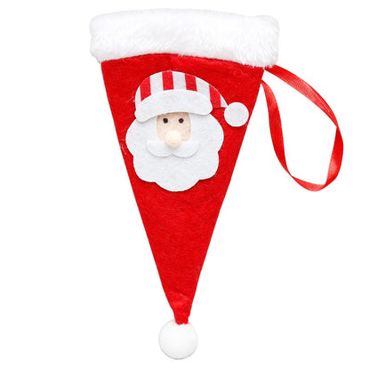 Husa decorativa festiva pentru 3 tacamuri Klevo, model caciulita cu Mos Craciun, material textil si poliester, 19 x 10 cm, rosu
