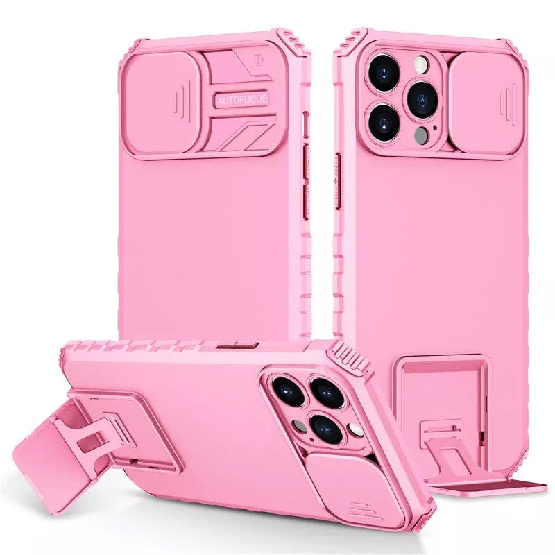 Husa Defender cu Stand pentru iPhone 12, Roz, Suport reglabil, Antisoc, Protectie glisanta pentru camera, Klevo