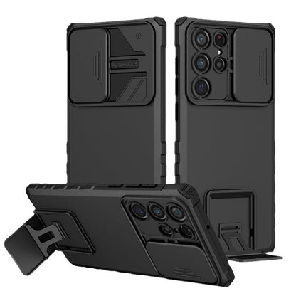 Husa Defender cu Stand pentru Samsung Galaxy S24 FE, Klevo, Suport reglabil, Antisoc, Protectie glisanta pentru camera, Negru