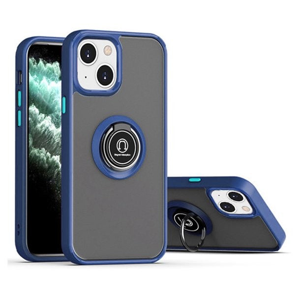Husa Anti Fall Metal Bracket pentru Apple iPhone 14 Pro Max, Rezistenta la socuri, Margini colorate, Cu inel de prindere magnetic, Klevo, Albastru