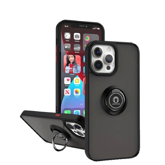 Husa Anti Fall Metal Bracket pentru Apple iPhone 14 Pro, Rezistenta la socuri, Margini colorate, Cu inel de prindere magnetic, Klevo, Negru