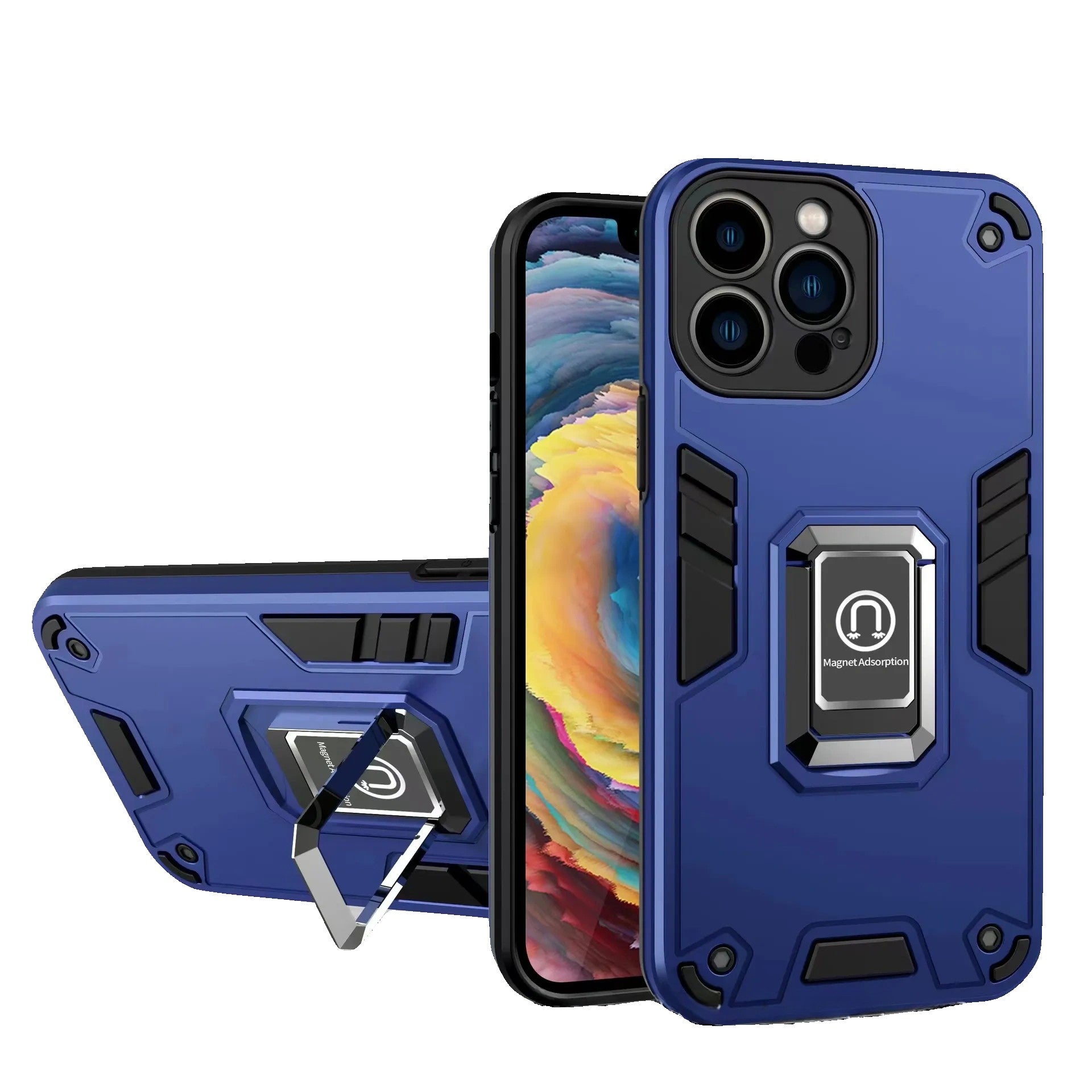Husa Iron Warriors pentru iPhone 14 Pro, Klevo,  Hybrid Ring Holder Kickstand, Albastru inchis
