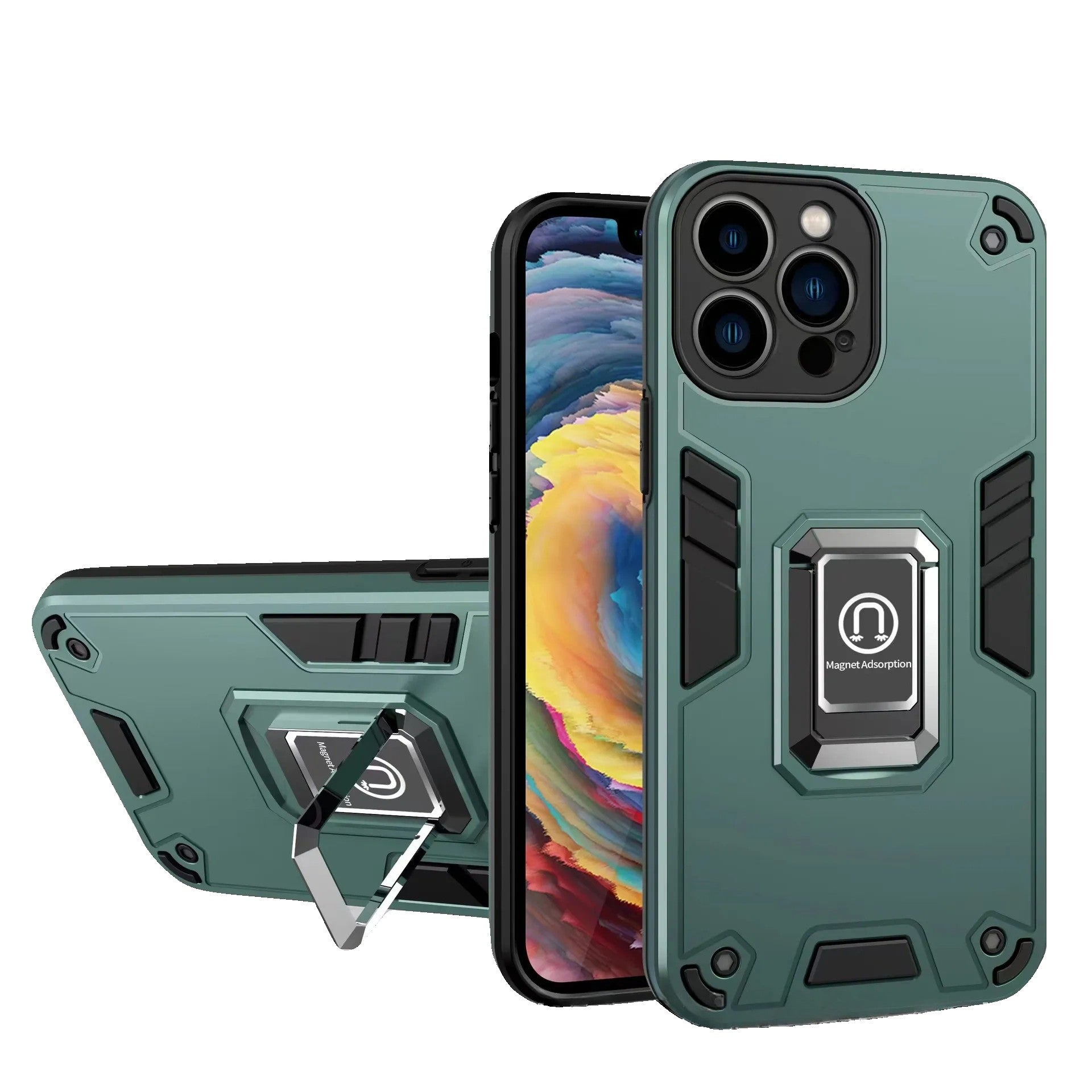 Husa Iron Warriors pentru iPhone 14 Pro, Klevo,  Hybrid Ring Holder Kickstand, Verde inchis