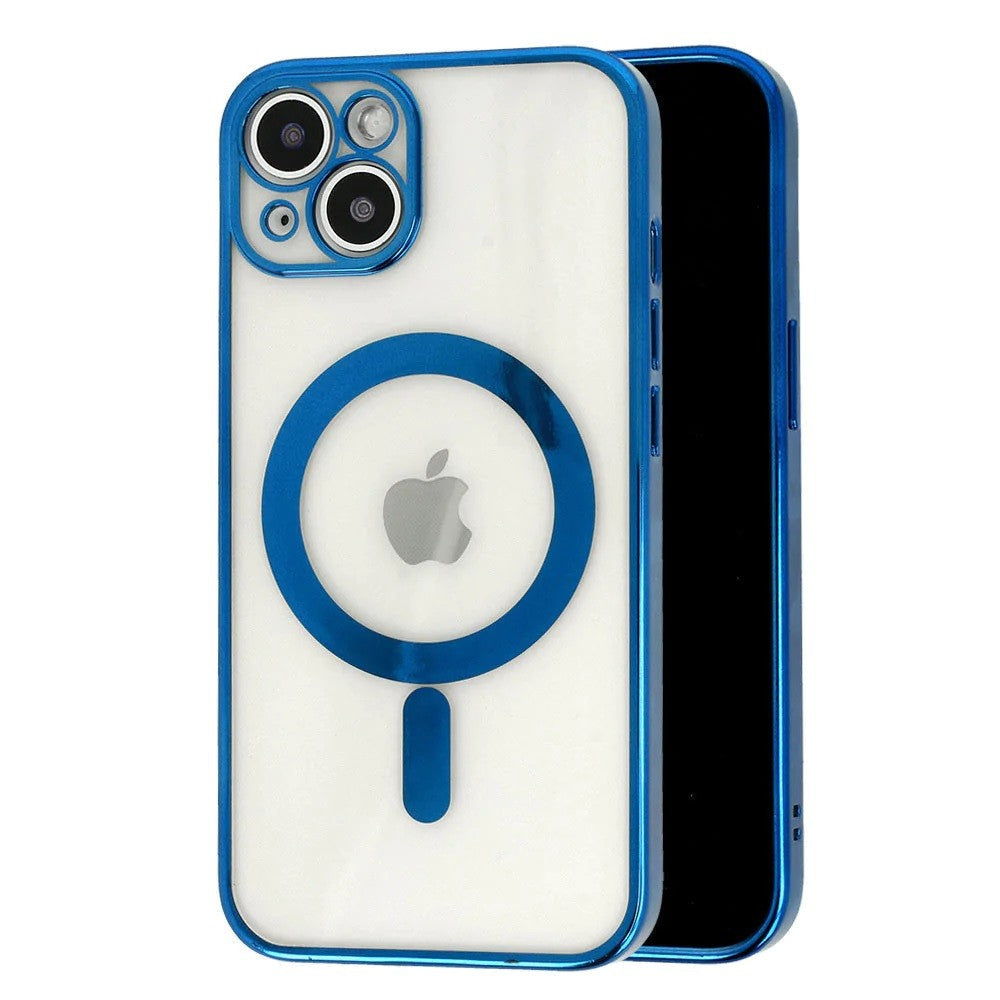 Husa MagSafe pentru Apple iPhone 14, Full Cover, Protectie camera, Margini colorate Electroplating, Magnetica, Incarcare Wireless, Klevo, Albastru