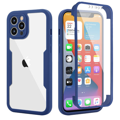 Husa Max Defence pentru iPhone 12 Pro, Bumper Albastru, Fata Dubla Transparenta, Protectie Antisoc Full 360 ( fata, spate, margini ), Klevo