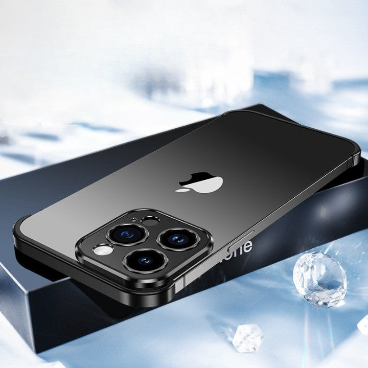 Husa Metalica Edgeless Compatibila cu iPhone 15 Pro, Klevo, Protectie pentru Colturi si Camera, Aliaj, Antisoc, Antizgariere, Negru Metalizat