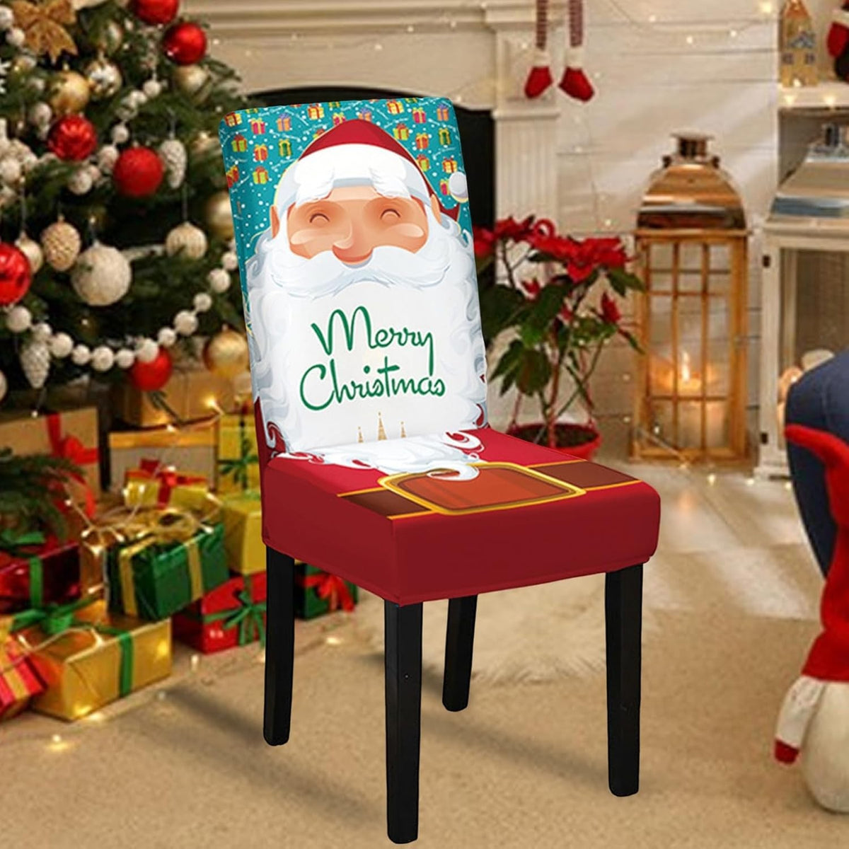 Husa pentru scaun, Klevo, Tematica Craciun, Model 3 Merry Christmas, Alb/Albastru