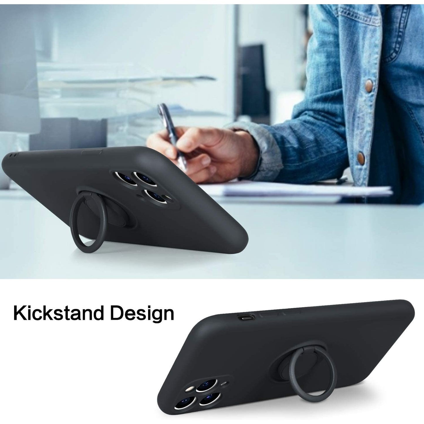 Husa protectie Klevo compatibila cu Apple iPhone 11 Pro Liquid Silicone Ring cu suport rotativ Negru