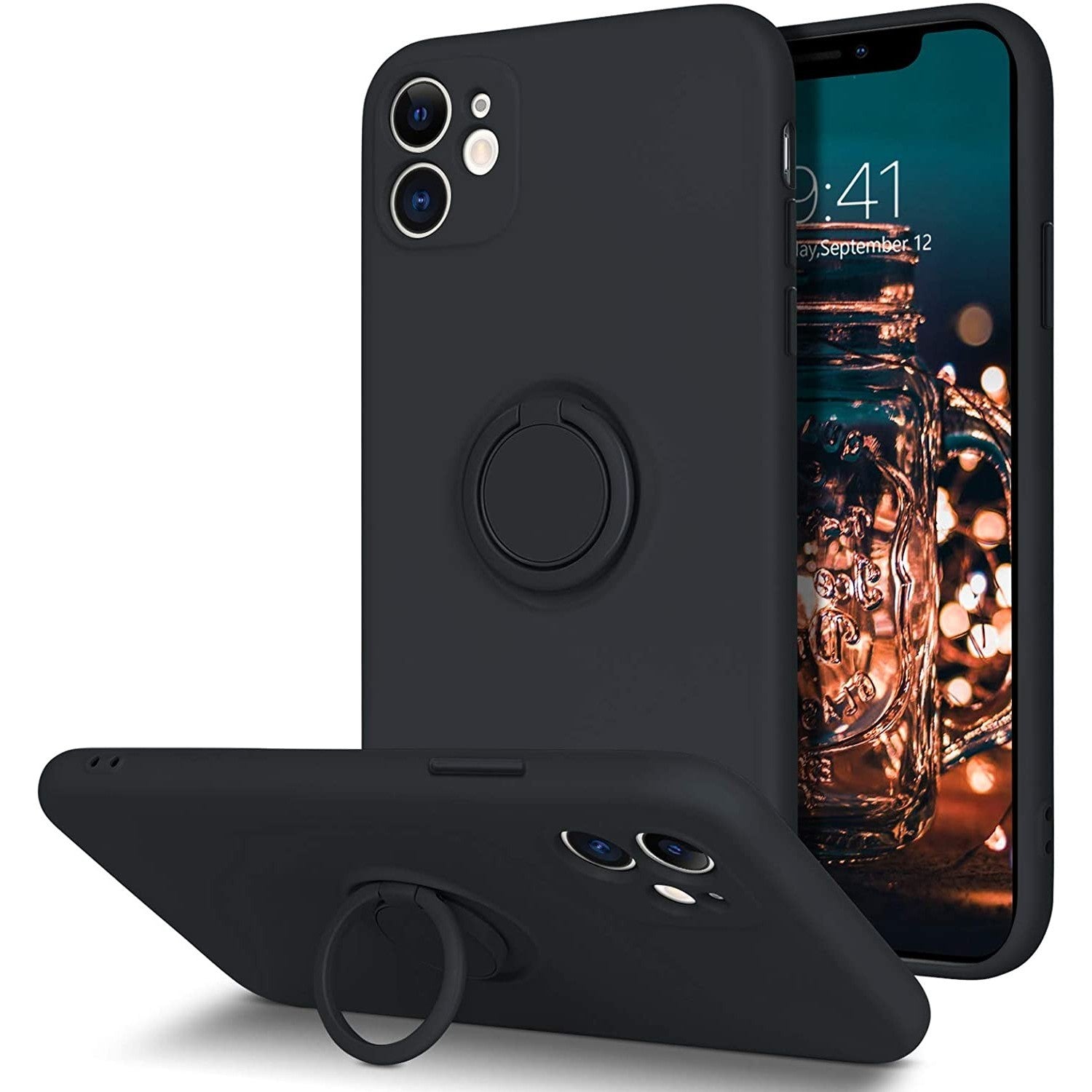 Husa protectie Klevo compatibila cu Apple iPhone 12 Liquid Silicone Ring cu suport rotativ Negru