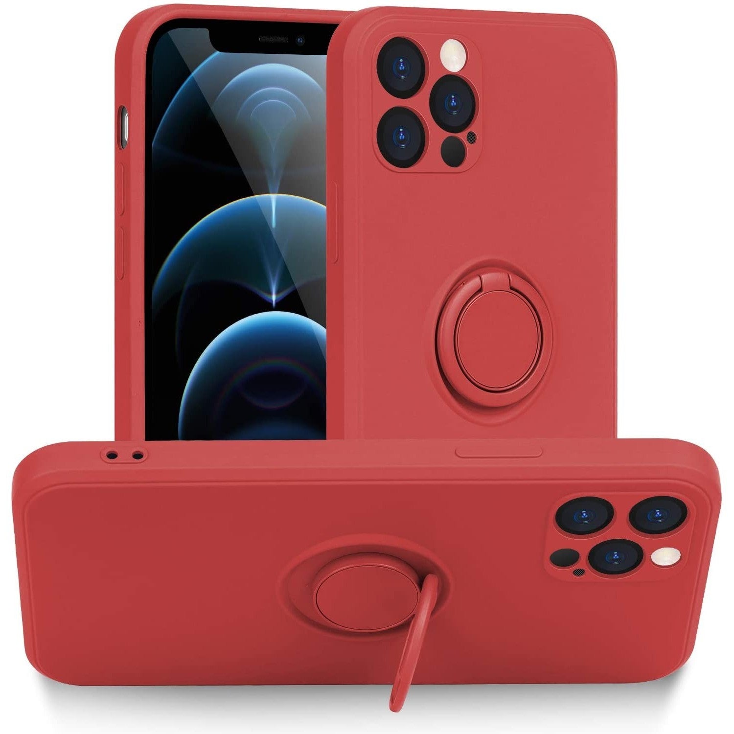 Husa protectie Klevo compatibila cu Apple iPhone 12 Pro Liquid Silicone Ring cu suport rotativ Rosu