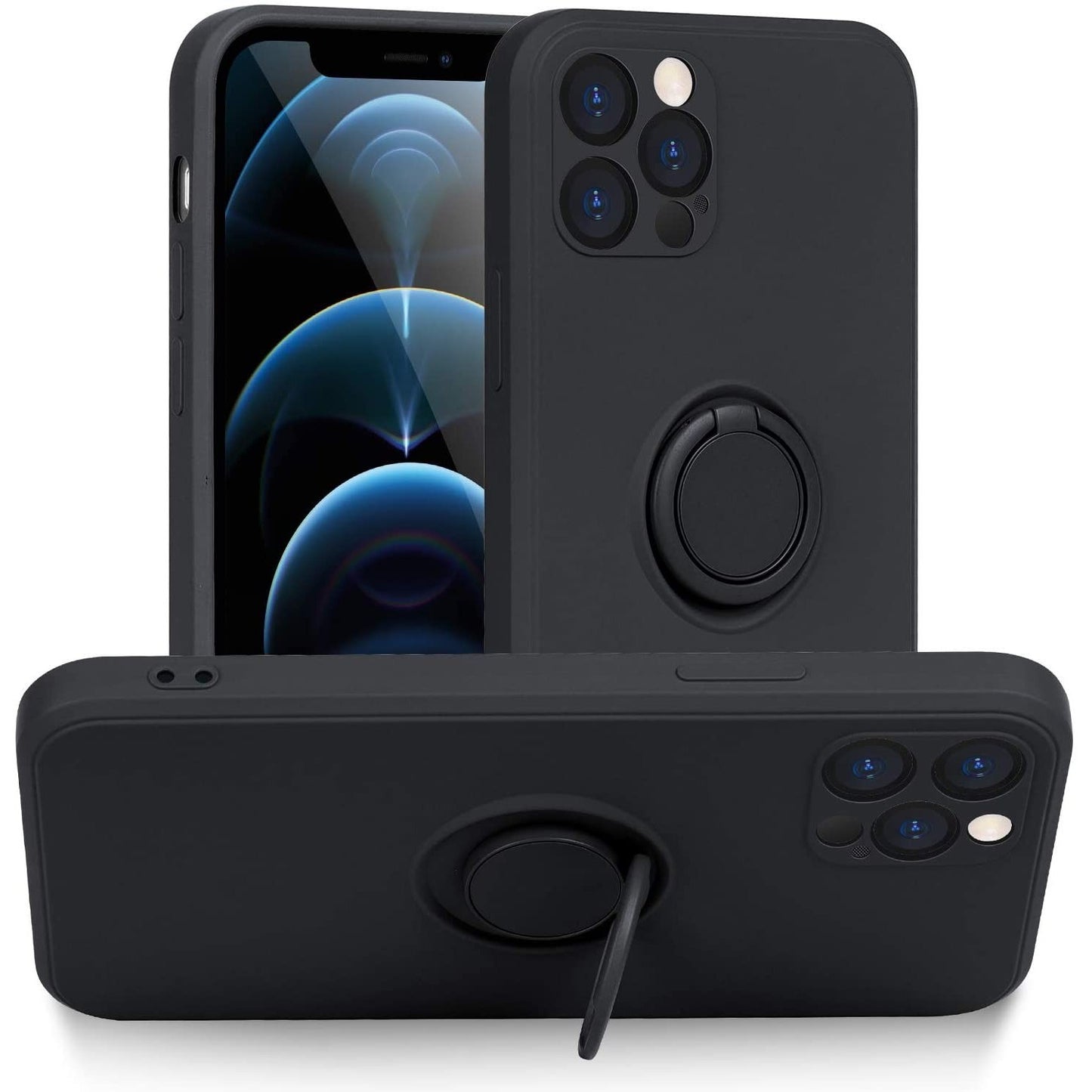 Husa protectie Klevo compatibila cu Apple iPhone 12 Pro Max Liquid Silicone Ring cu suport rotativ Negru