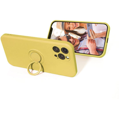Husa protectie Klevo compatibila cu Apple iPhone 13 Mini Liquid Silicone Ring cu suport rotativ Galben