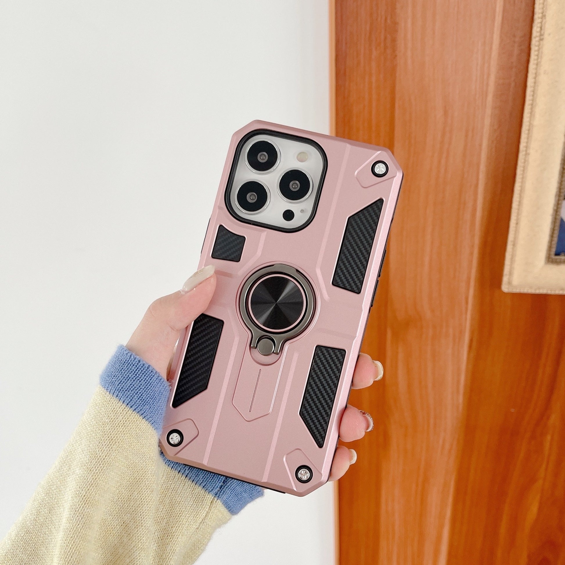 Husa protectie Klevo compatibila cu Apple iPhone 13 Pro Defender Model 5 cu suport prindere inel,Roz Auriu