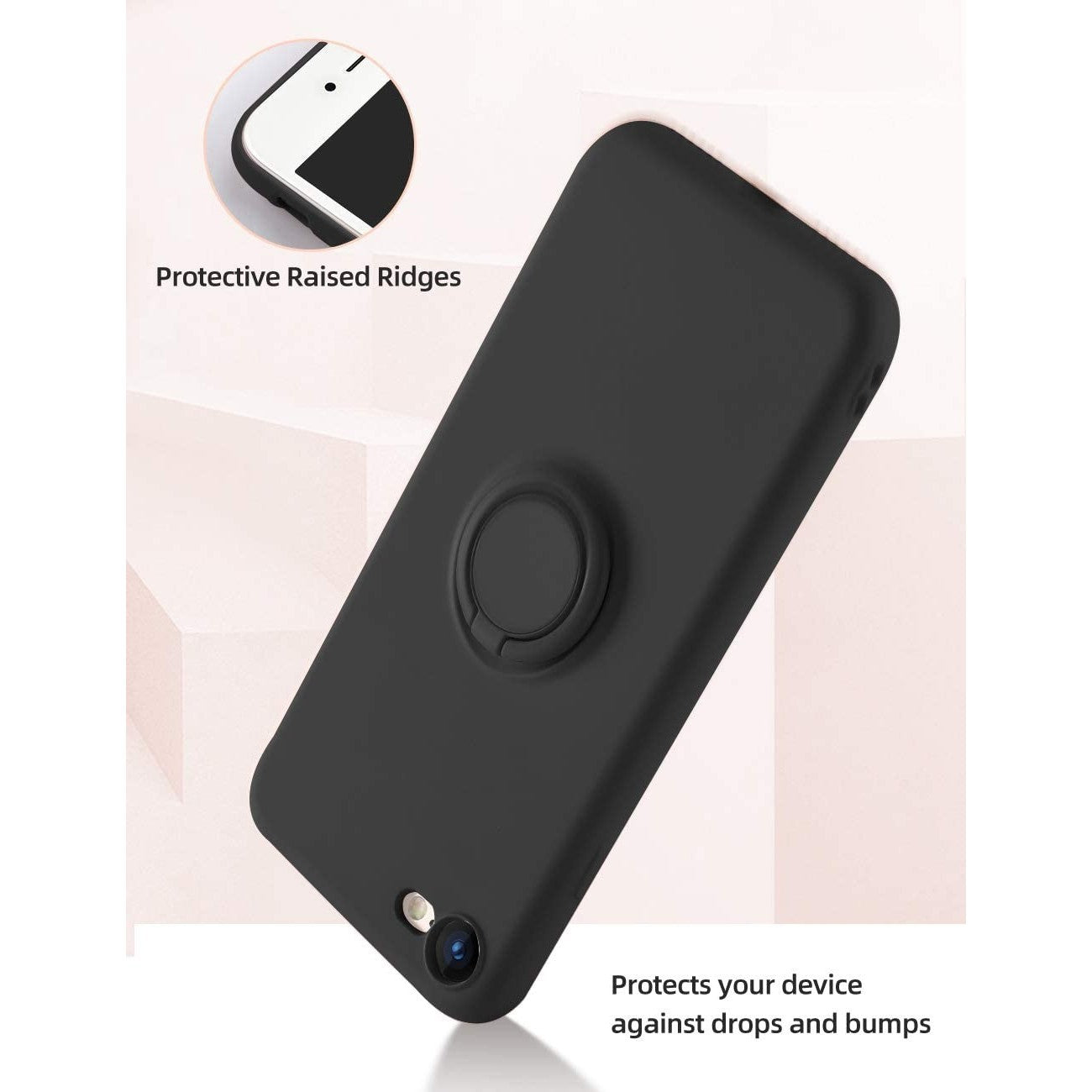 Husa protectie Klevo compatibila cu Apple iPhone 7/8/SE 2020 Liquid Silicone Ring cu suport rotativ Negru