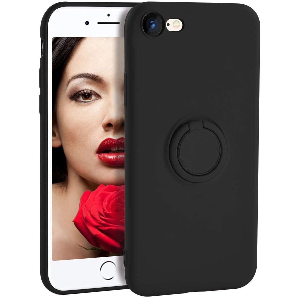 Husa protectie Klevo compatibila cu Apple iPhone 7/8/SE 2020 Liquid Silicone Ring cu suport rotativ Negru