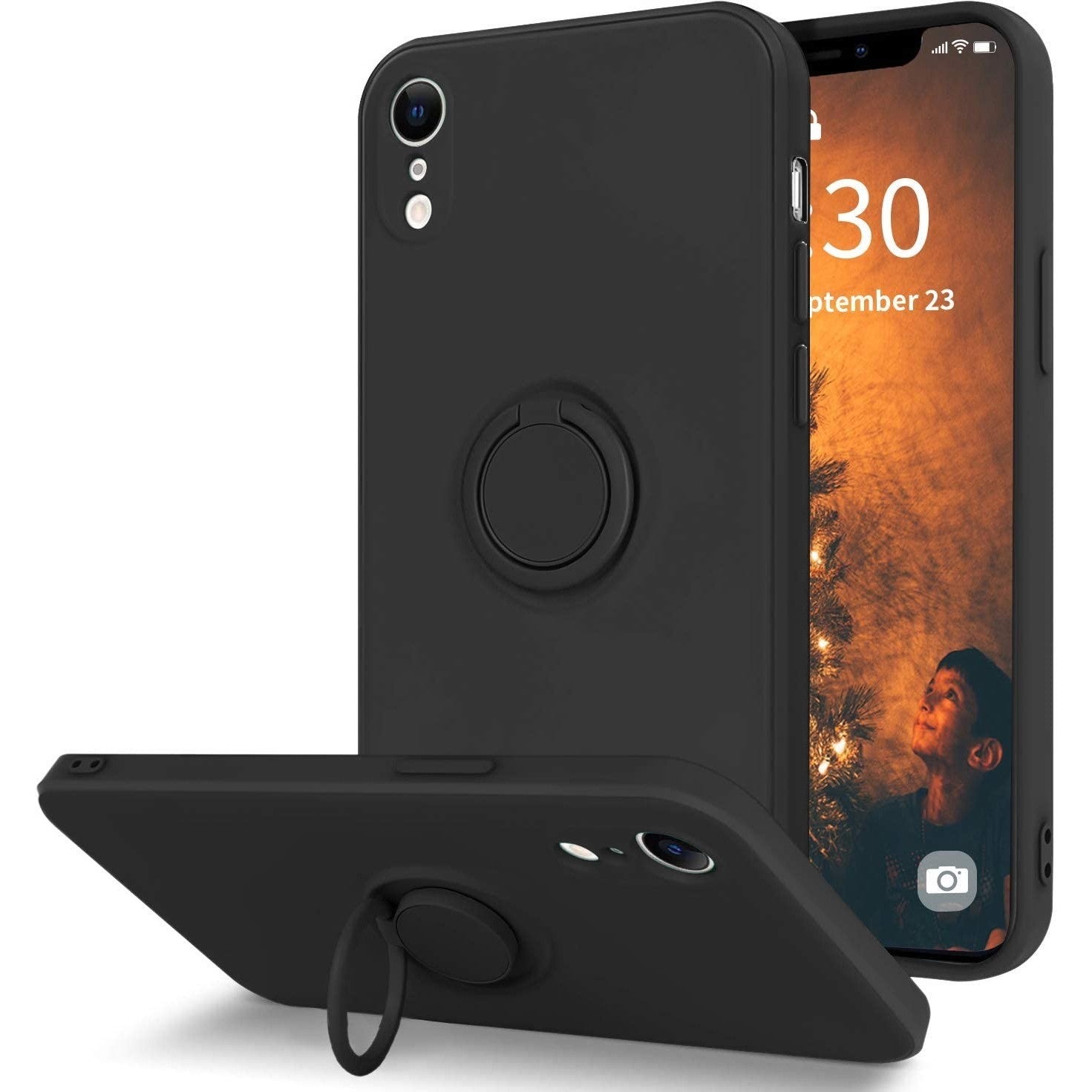 Husa protectie Klevo compatibila cu Apple iPhone XR Liquid Silicone Ring cu suport rotativ Negru