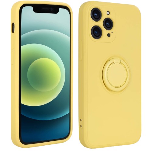 Husa protectie Klevo compatibila cu Huawei P40 Lite E Liquid Silicone Ring cu suport rotativ Galben