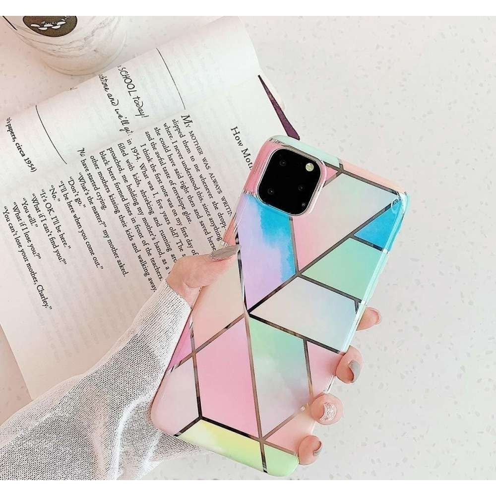 Husa protectie Klevo compatibila cu Samsung Galaxy A12 Soft IMD TPU Marble Geometric Roz