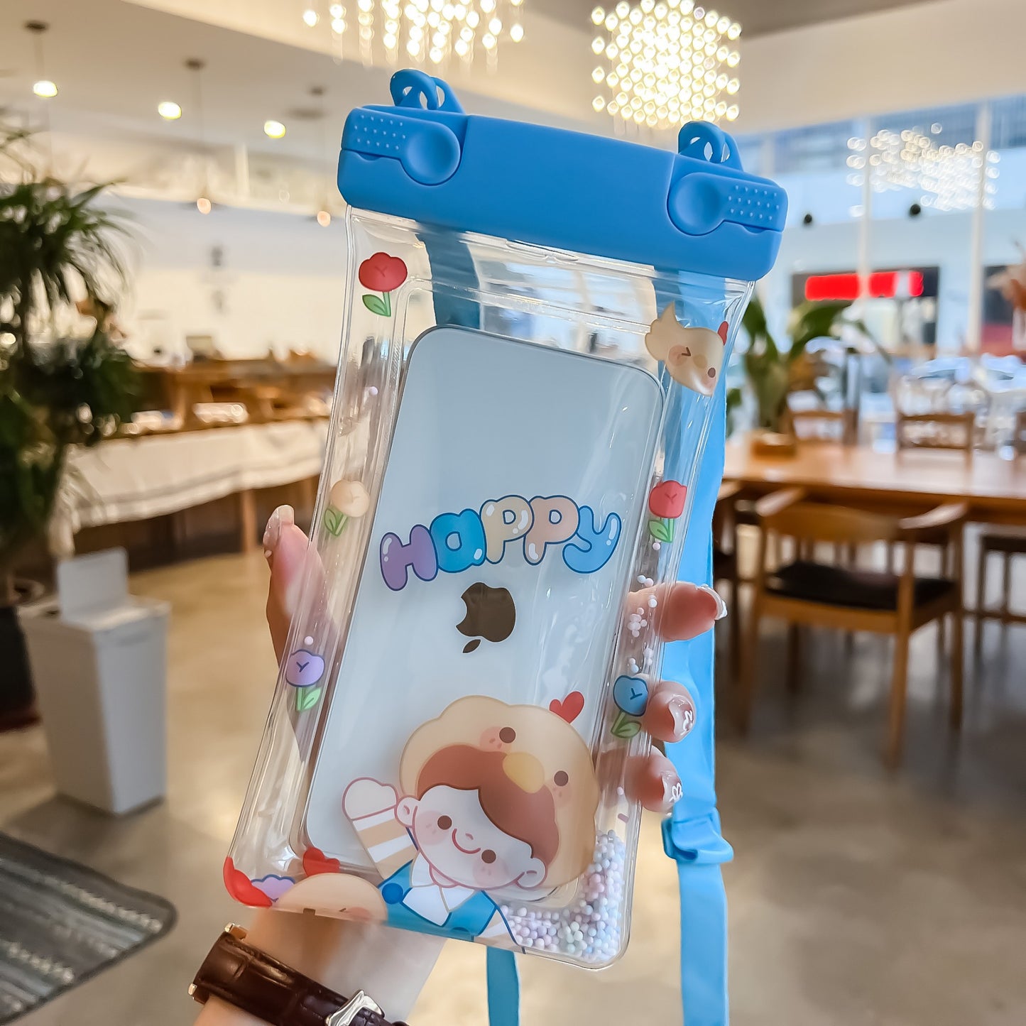 Husa subacvatica Fruity Waterproof Klevo, Snowproof, Universala, Impermeabila, cu Snur, pentru telefon sau documente, Happy Boy, Bleu