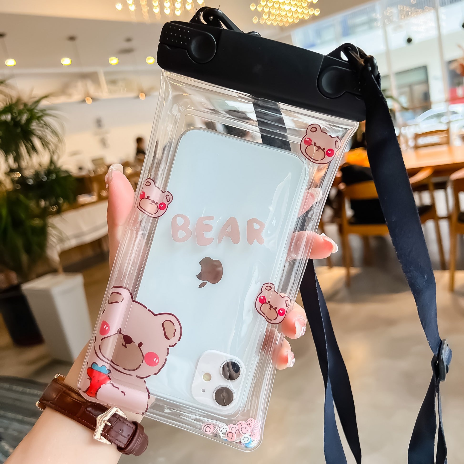 Husa subacvatica Fruity Waterproof Klevo, Snowproof, Universala, Impermeabila, cu Snur, pentru telefon sau documente, Berry Bear, Negru