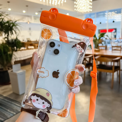 Husa subacvatica Fruity Waterproof Klevo, Snowproof, Universala, Impermeabila, cu Snur, pentru telefon sau documente, Orange Girl 2, Oranj