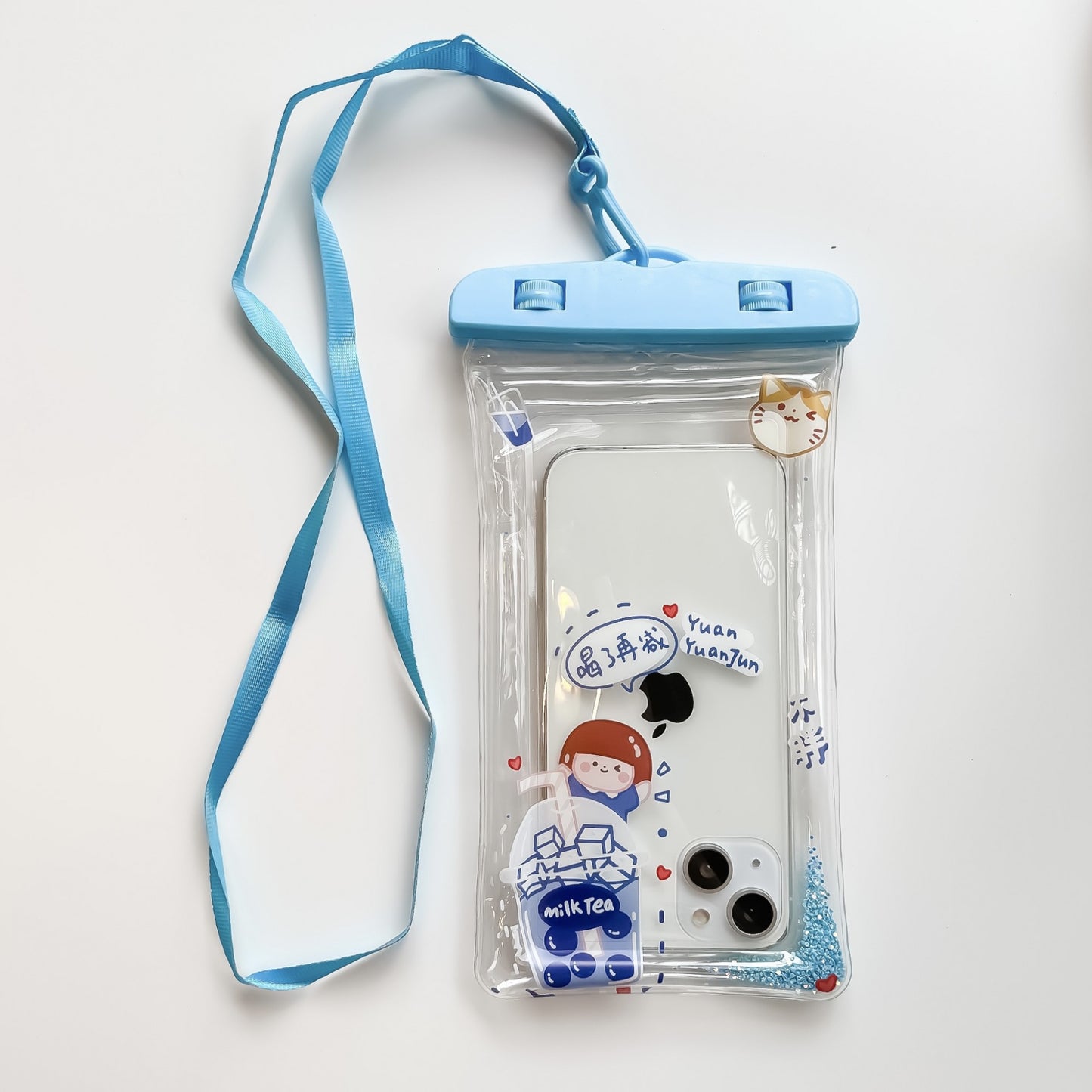 Husa subacvatica Glitter Kids Waterproof Klevo, Snowproof, Universala, cu Snur, pentru telefon sau documente, Tea Girl, Albastru