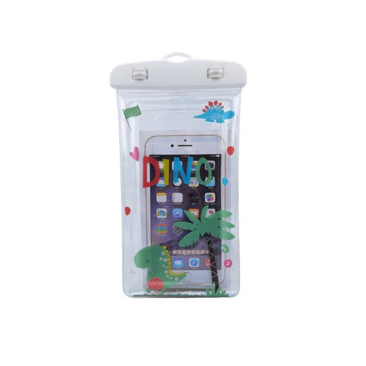 Husa subacvatica Glitter Kids Waterproof Klevo, Snowproof, Universala, cu Snur, pentru telefon sau documente, Dino, Alb