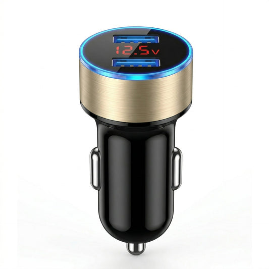 Incarcator Auto cu Afisaj Digital, Klevo, din Metal, 3.1A, Incarcare Rapida 6A PD+QC3.0, Dublu USB, Negru/Auriu