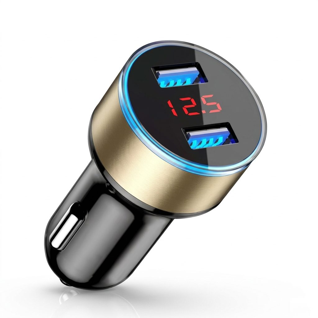 Incarcator Auto cu Afisaj Digital, Klevo, din Metal, 3.1A, Incarcare Rapida 6A PD+QC3.0, Dublu USB, Negru/Auriu