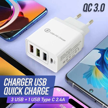 Incarcator Fast Charge pentru Telefon 32W, Klevo, Incarcator Quick Charge cu 3 Porturi USB-A 3.1A & 1 USB-C, Power Delivery 32W, Cap Standard European, Alb