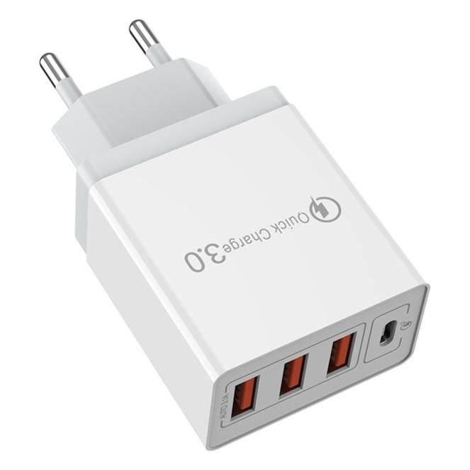 Incarcator Fast Charge pentru Telefon 32W, Klevo, Incarcator Quick Charge cu 3 Porturi USB-A 3.1A & 1 USB-C, Power Delivery 32W, Cap Standard European, Alb