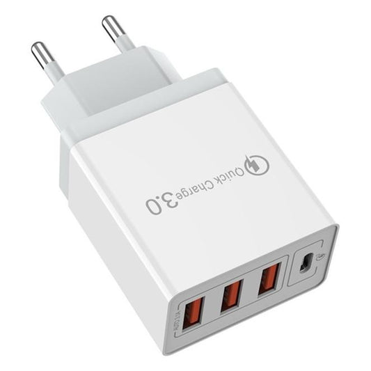 Incarcator Fast Charge pentru Telefon 32W, Klevo, Incarcator Quick Charge cu 3 Porturi USB-A 3.1A & 1 USB-C, Power Delivery 32W, Cap Standard European, Alb