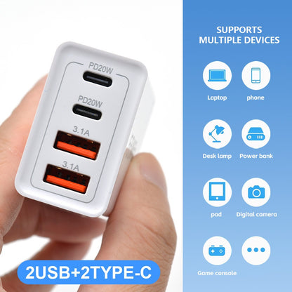 Incarcator Fast Charge pentru Telefon 55W, Klevo, Incarcator Quick Charge cu 2 Porturi USB-A 3.1A & 2 Porturi USB-C, Power Delivery 55W, Cap Standard European, Alb