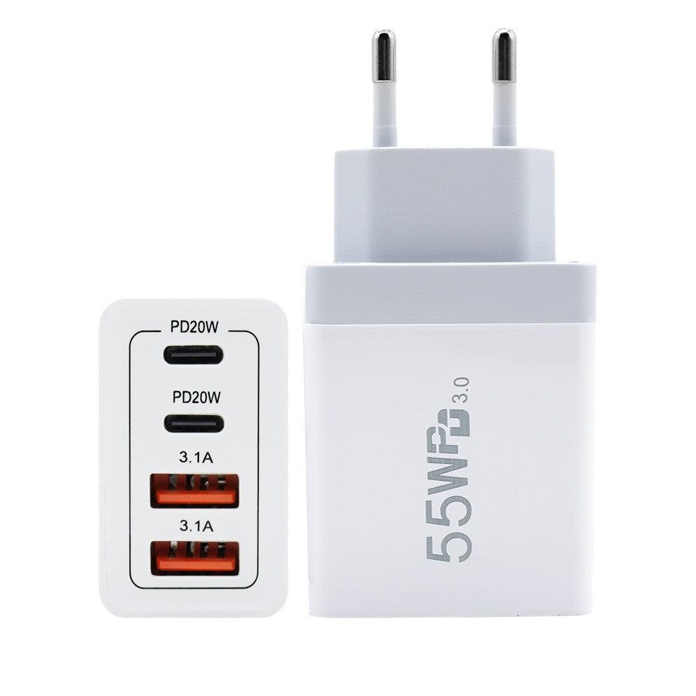 Incarcator Fast Charge pentru Telefon 55W, Klevo, Incarcator Quick Charge cu 2 Porturi USB-A 3.1A & 2 Porturi USB-C, Power Delivery 55W, Cap Standard European, Alb