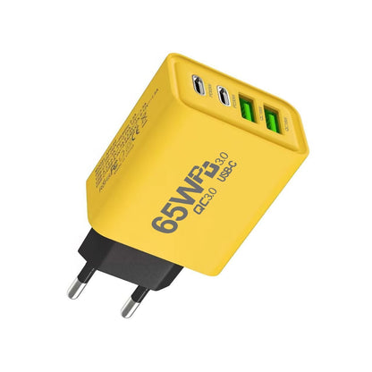 Incarcator Fast Charge pentru Telefon 65W, Klevo, Incarcator Quick Charge cu 2 Porturi USB-A 3.1A & 2 Porturi USB-C, Power Delivery 65W, Cap Standard European, Galben