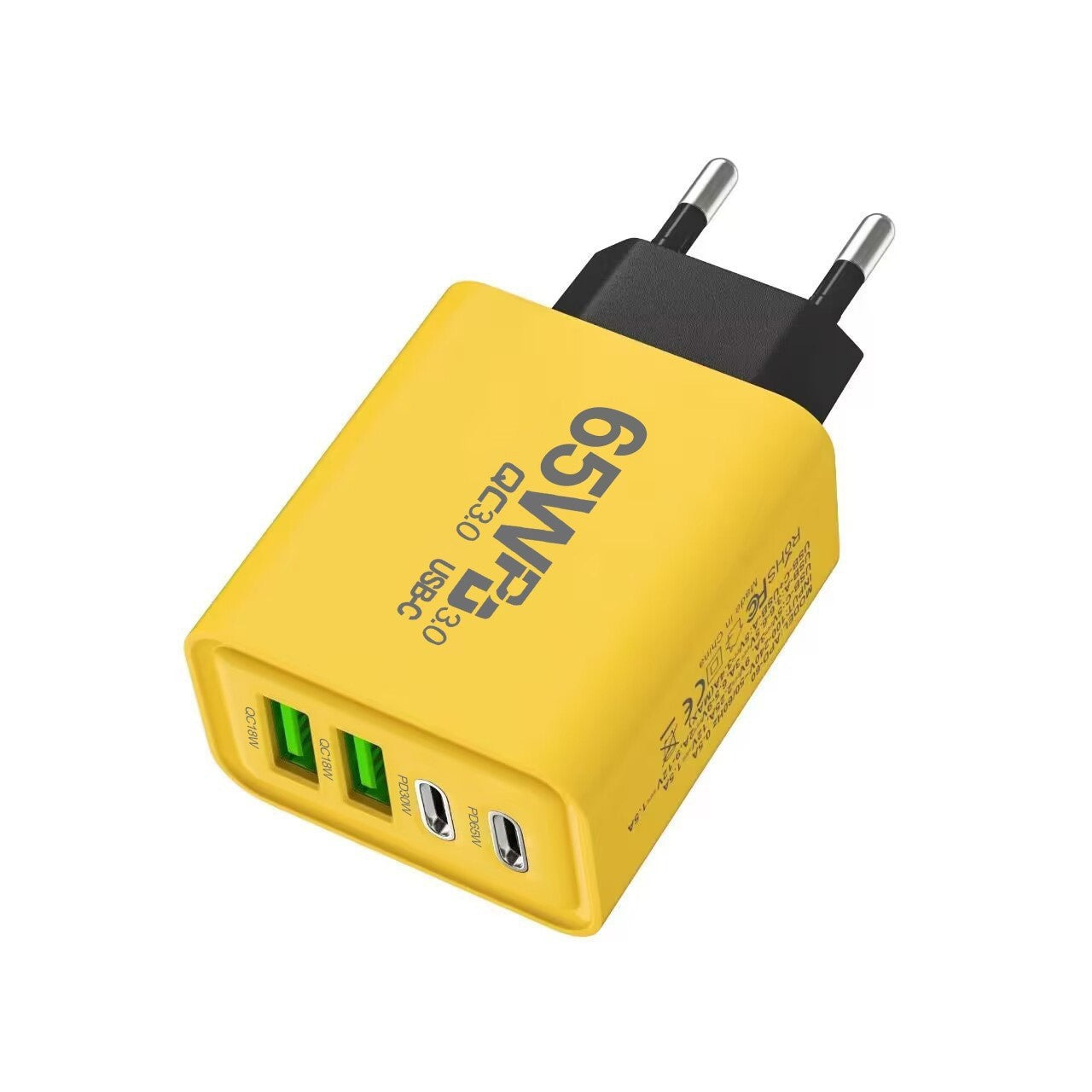 Incarcator Fast Charge pentru Telefon 65W, Klevo, Incarcator Quick Charge cu 2 Porturi USB-A 3.1A & 2 Porturi USB-C, Power Delivery 65W, Cap Standard European, Galben