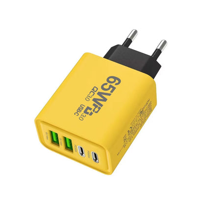Incarcator Fast Charge pentru Telefon 65W, Klevo, Incarcator Quick Charge cu 2 Porturi USB-A 3.1A & 2 Porturi USB-C, Power Delivery 65W, Cap Standard European, Galben
