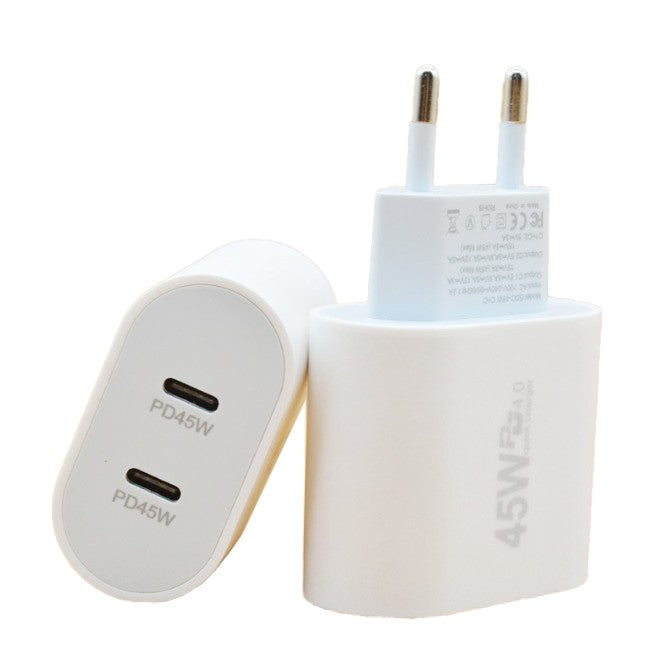 Incarcator Fast Charge pentru Telefon, Klevo, Power Delivery 45W, Dual Port Type-C PD45W, Compatibil cu orice Telefon, Alb