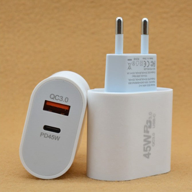 Incarcator Fast Charge pentru Telefon, Klevo, Power Delivery 45W, Dual Port USB-A Q.C 3.0 si Type-C PD45W, Compatibil cu orice Telefon, Alb