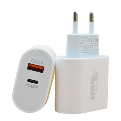 Incarcator Fast Charge pentru Telefon, Klevo, Power Delivery 45W, Dual Port USB-A Q.C 3.0 si Type-C PD45W, Compatibil cu orice Telefon, Alb