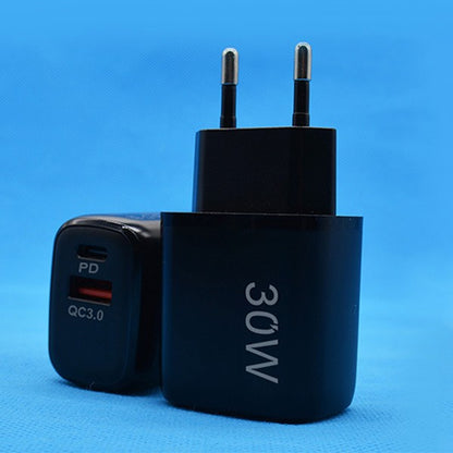 Incarcator Fast Charging pentru Telefon, Klevo, Dual Port USB-A si USB-C cu Cap de Incarcare Standard European, 30W Q.C 3.0, Negru
