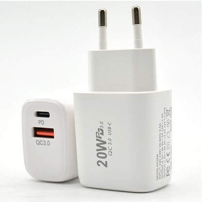 Incarcator Fast Charging pentru Telefon, Klevo, Dual Port USB-A si USB-C cu Cap de Incarcare Standard European, Power Delivery 20W Q.C 3.0, Alb