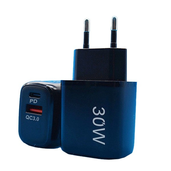 Incarcator Fast Charging pentru Telefon, Klevo, Dual Port USB-A si USB-C cu Cap de Incarcare Standard European, 30W Q.C 3.0, Negru