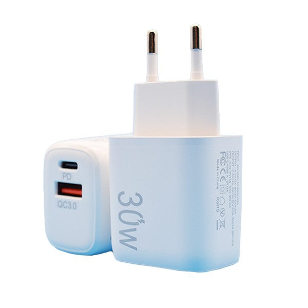 Incarcator Fast Charging pentru Telefon, Klevo, Dual Port USB-A si USB-C cu Cap de Incarcare Standard European, 30W Q.C 3.0, Alb