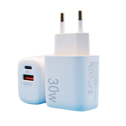 Incarcator Fast Charging pentru Telefon, Klevo, Dual Port USB-A si USB-C cu Cap de Incarcare Standard European, 30W Q.C 3.0, Alb