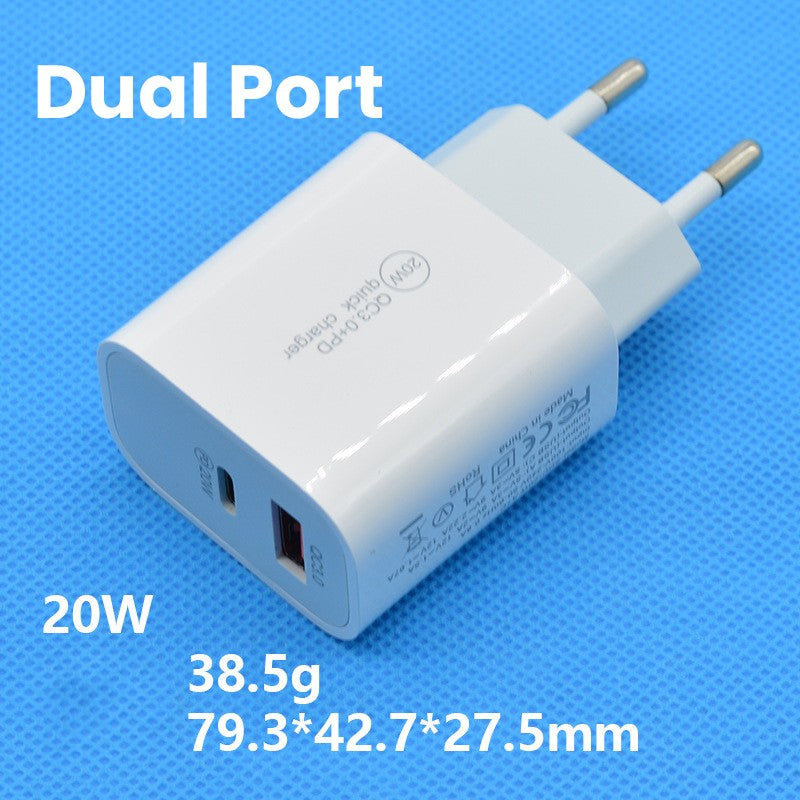 Incarcator Fast Charging QC 3.0, Klevo, Dual Port USB-A si USB-C cu Cap de Incarcare Standard European, 20 W, fara Cablu, Alb